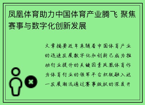 凤凰体育助力中国体育产业腾飞 聚焦赛事与数字化创新发展