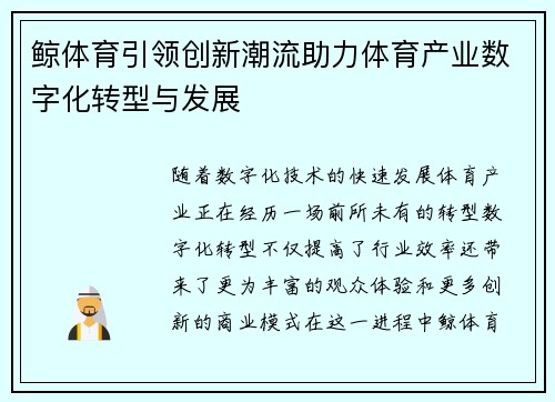 鲸体育引领创新潮流助力体育产业数字化转型与发展